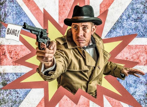 Cartoon of man dressed in 1940s attire holding a gun with the word 'bang' coming out of the barrel, bursting through of a union flag background