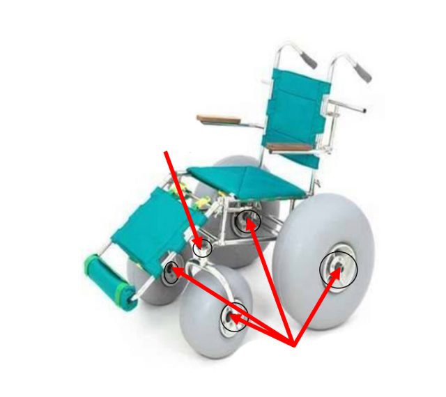 Illustration of beach wheelchair with arrows marking where to clean.