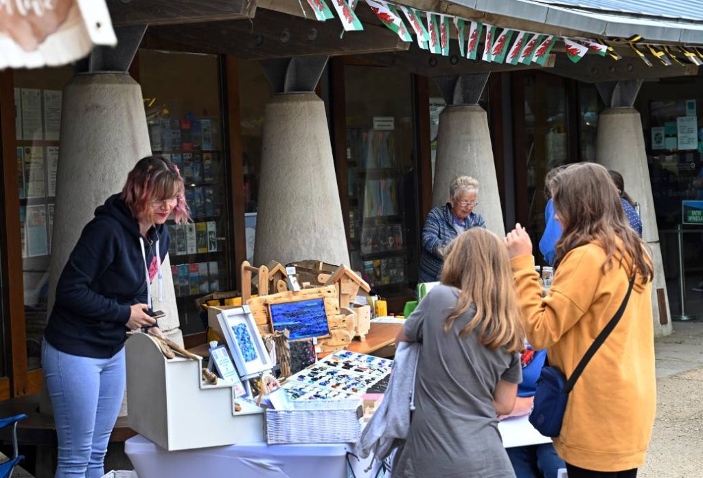 Stalls selling goods at an outdoor craft market at Oriel y Parc
