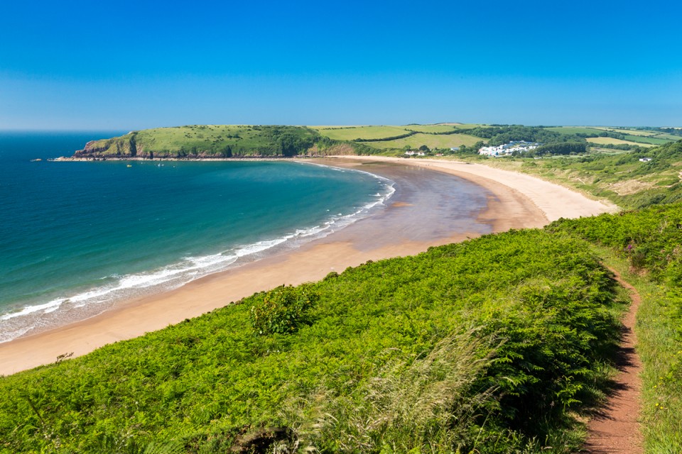 A clifftop view of Freshwater East Beach on a fine summer's day