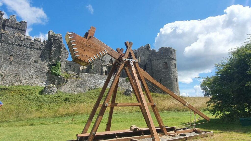 A giant trebuchet in the grounds of Carew Castle