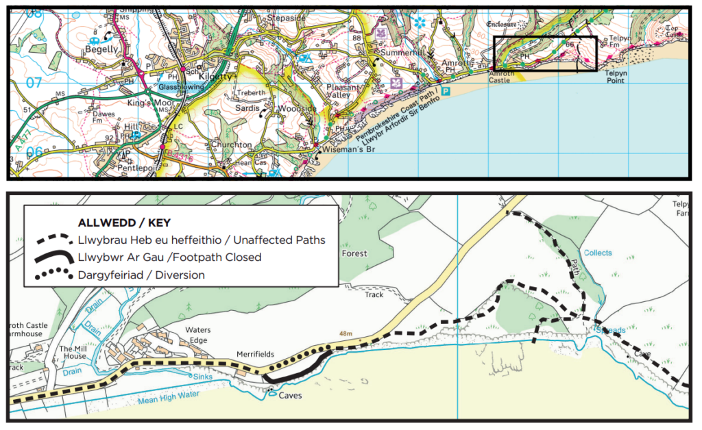 Image is a detailed ordinance survey map of Amroth