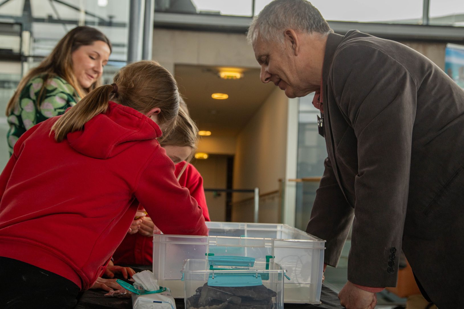 A child tries out Tirlun's new learning resources at the launch at the Senedd.